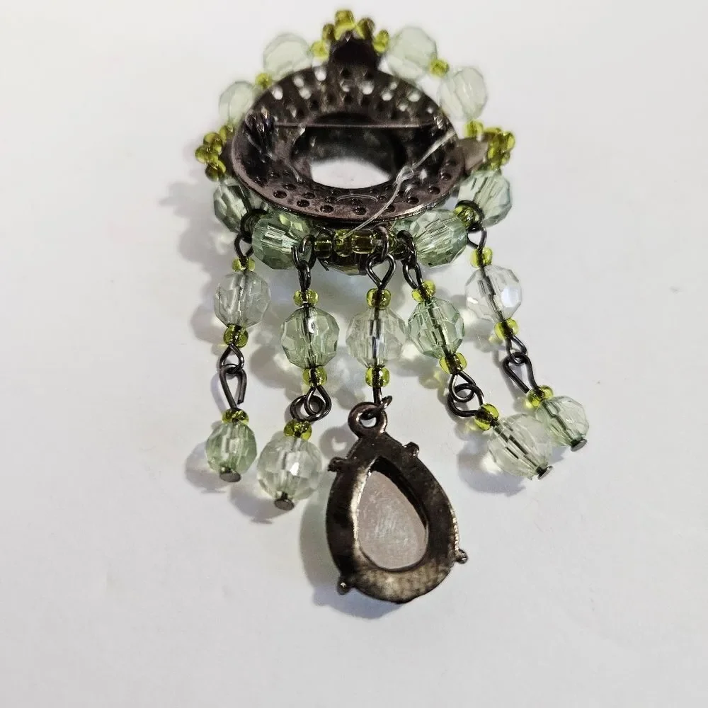Vintage Victorian Revival Green Rhinestone Beaded Dangle Teardrop Brooch Pin